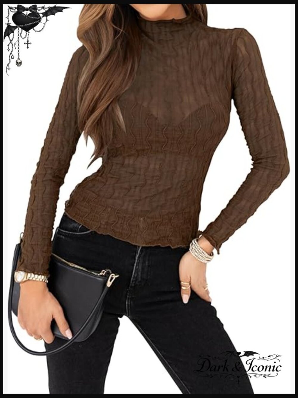 Mesh Sheer Lace Layering Top Mock Neck Long Sleeve See Through Blouse - Picture 1 of 7